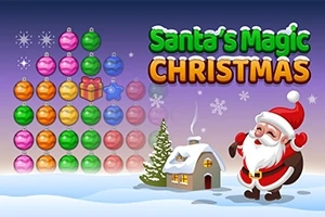 Juletema med julenisse ved et hus i snølandskap, fargerike julekuler og teksten «Santas Magic Christmas»