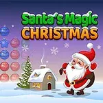 Juletema med julenisse ved et hus i snølandskap, fargerike julekuler og teksten «Santas Magic Christmas»