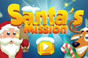 Julenisse og reinsdyr med Santas Mission-tekst i fargerik skrift mot en blå bakgrunn