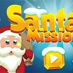 Julenisse og reinsdyr med Santas Mission-tekst i fargerik skrift mot en blå bakgrunn