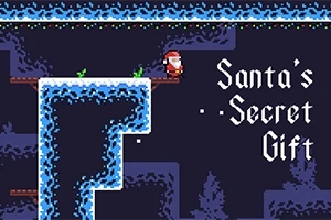 En pikselert nissefigur står på en plattform i et isbelagt landskap, med teksten Santas Secret Gift til høyre