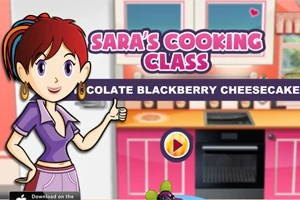 Illustrasjon av en kvinnelig tegneseriefigur i et kjøkken med teksten Saras Cooking Class og en spillstartknapp