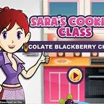 Illustrasjon av en kvinnelig tegneseriefigur i et kjøkken med teksten Saras Cooking Class og en spillstartknapp