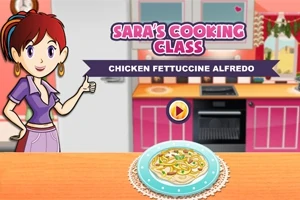 Tegneseriefigur står på kjøkkenet og viser fram en tallerken med kylling fettuccine alfredo