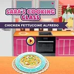 Tegneseriefigur står på kjøkkenet og viser fram en tallerken med kylling fettuccine alfredo