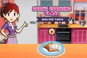 Tegnet kvinne står i et kjøkken med skilt som sier Saras Cooking Class og en tallerken med pop tarts på en bordflate