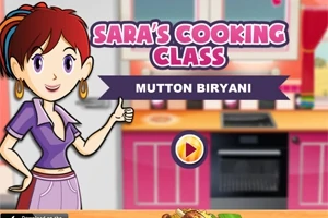 Tegnet figur i kjøkkenmiljø med teksten Saras Cooking Class: Mutton Biryani
