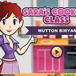 Tegnet figur i kjøkkenmiljø med teksten Saras Cooking Class: Mutton Biryani