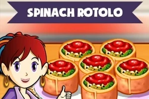 Tegnet kvinne viser tommel opp foran seks porsjoner med spinat rotolo med rødt sauslag