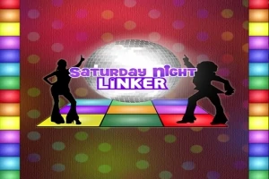Silhuetter av to dansere foran en stor speilkule med fargerik lysende bakgrunn og teksten Saturday Night Linker
