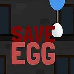 Tegnet figur med brunt hår og rød genser ved siden av teksten SAVE EGG, et hvitt egg henger fra en blå ballong mot mørk bakgrunn