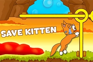 En oransje katt prøver å åpne en låsemekanisme i et tegnet landskap med teksten SAVE KITTEN ved siden av