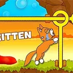 En oransje katt prøver å åpne en låsemekanisme i et tegnet landskap med teksten SAVE KITTEN ved siden av