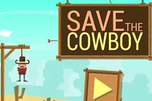 Cowboy henger fra en galge ved siden av et skilt som sier Save the Cowboy med en stor startknapp i forgrunnen