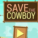 Cowboy henger fra en galge ved siden av et skilt som sier Save the Cowboy med en stor startknapp i forgrunnen