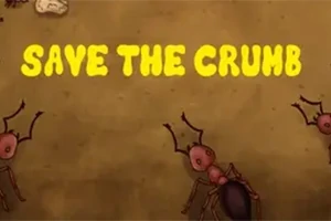 Flere maur beveger seg mot en smule, med teksten SAVE THE CRUMB skrevet øverst