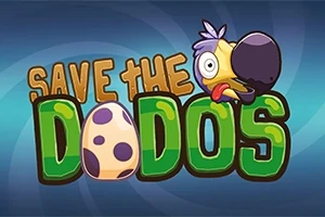 Tegneseriestil tekst med en fargerik dodo-fugl og et prikkete egg på en blå bakgrunn