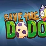 Tegneseriestil tekst med en fargerik dodo-fugl og et prikkete egg på en blå bakgrunn