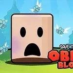 En firkantet figur med et forskrekket ansikt i en tegneserieaktig skog med flygende insekter rundt, og teksten Save the Obby Blox i hjørnet