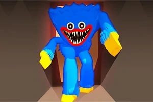 Et blått monster med store øyne, et bredt rødt smil med skarpe tenner, gule hender og føtter i en mørk tunnel