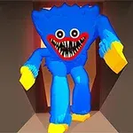 Et blått monster med store øyne, et bredt rødt smil med skarpe tenner, gule hender og føtter i en mørk tunnel