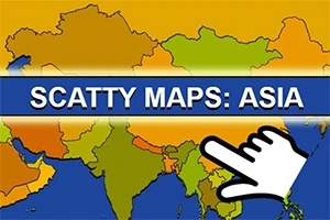Kart over Asia med fargerike land, teksten SCATTY MAPS: ASIA og en håndmarkør