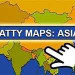 Kart over Asia med fargerike land, teksten SCATTY MAPS: ASIA og en håndmarkør