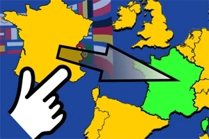 Et kart med en håndpeker som indikerer et land i Europa med flere nasjonale flagg i bakgrunnen