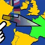 Et kart med en håndpeker som indikerer et land i Europa med flere nasjonale flagg i bakgrunnen