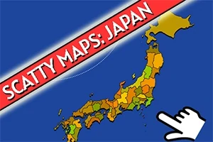 Kart over Japan med fargerike regioner, en pekerhånd og teksten SCATTY MAPS: JAPAN på en rød banner