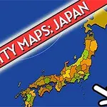 Kart over Japan med fargerike regioner, en pekerhånd og teksten SCATTY MAPS: JAPAN på en rød banner