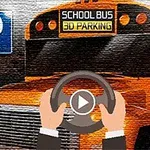 En gul skolebuss med et skilt som sier School Bus 3D Parking ved siden av et parkeringsskilt, med hender som holder et ratt foran