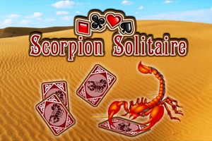 En skorpion på en ørkensand med spillekort markert med skorpionsymboler og tekstlogo over