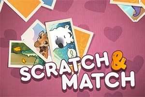 Tegneserieaktige dyrebilder og teksten Scratch & Match på rosa bakgrunn