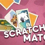 Tegneserieaktige dyrebilder og teksten Scratch & Match på rosa bakgrunn