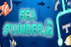 Tittelen Sea Plumber 2 er omgitt av fargerike fisker, rørledninger og haier i et undervannsmiljø