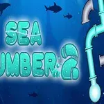 Tittelen Sea Plumber 2 er omgitt av fargerike fisker, rørledninger og haier i et undervannsmiljø