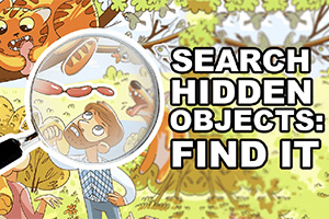 En person ser gjennom et forstørrelsesglass på en tegning av et landskap med et tre, mens et dyr henger i et hjørne av bildet, med teksten SEARCH HIDDEN OBJECTS: FIND IT ved siden av
