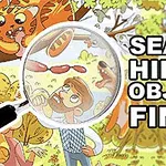 En person ser gjennom et forstørrelsesglass på en tegning av et landskap med et tre, mens et dyr henger i et hjørne av bildet, med teksten SEARCH HIDDEN OBJECTS: FIND IT ved siden av