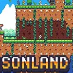 Pikselgrafikk som viser en plattformscene med brune jordblokker, grønne planter, og blå himmel, med teksten SEASONLAND nederst