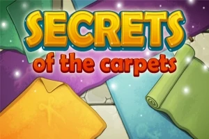 Fargerike ruller av tepper med teksten Secrets of the carpets i et mystisk og glitrende design