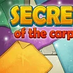 Fargerike ruller av tepper med teksten Secrets of the carpets i et mystisk og glitrende design