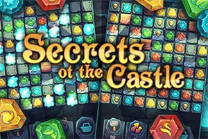 Fargerikt spillbrett med juveler og teksten «Secrets of the Castle» i gullbokstaver
