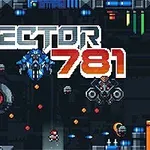 Pikselgrafikk med romvesen, roboter og futuristisk tekst som sier Sector 781