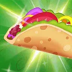 En illustrasjon av en taco fylt med kjøtt, salat og grønnsaker på en grønn bakgrunn med stjerneeffekter