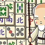 Tegning av en tegneseriefigur med hvitt skjegg og stokk foran en bakgrunn av mahjongbrikker med ulike symboler