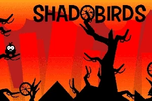 Silhuetter av trær og grener mot en oransje og rød bakgrunn, med teksten SHADOBIRDS øverst