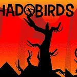 Silhuetter av trær og grener mot en oransje og rød bakgrunn, med teksten SHADOBIRDS øverst