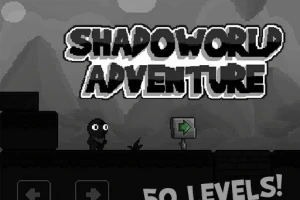 Silhuettfigur står ved siden av et skilt med en pil, mørk bakgrunn med fjell, og teksten Shadoworld Adventure og 50 levels!