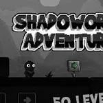 Silhuettfigur står ved siden av et skilt med en pil, mørk bakgrunn med fjell, og teksten Shadoworld Adventure og 50 levels!